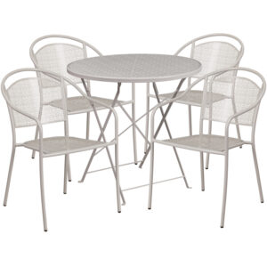 Wholesale 30'' Round Light Gray Indoor-Outdoor Steel Folding Patio Table Set with 4 Round Back Chairs