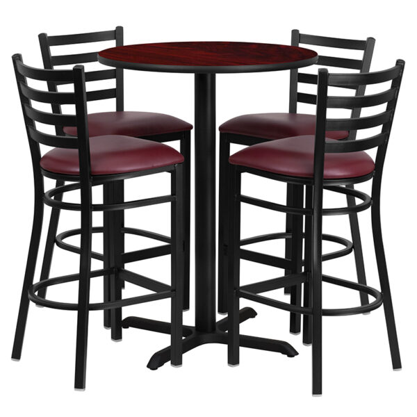 Lowest Price 30'' Round Mahogany Laminate Table Set with X-Base and 4 Ladder Back Metal Barstools - Burgundy Vinyl Seat