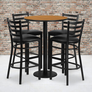Wholesale 30'' Round Natural Laminate Table Set with Round Base and 4 Ladder Back Metal Barstools - Black Vinyl Seat