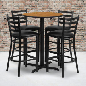 Wholesale 30'' Round Natural Laminate Table Set with X-Base and 4 Ladder Back Metal Barstools - Black Vinyl Seat