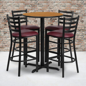 Wholesale 30'' Round Natural Laminate Table Set with X-Base and 4 Ladder Back Metal Barstools - Burgundy Vinyl Seat