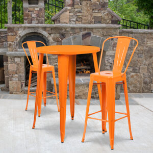 Wholesale 30'' Round Orange Metal Indoor-Outdoor Bar Table Set with 2 Cafe Stools