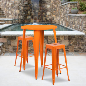 Wholesale 30'' Round Orange Metal Indoor-Outdoor Bar Table Set with 2 Square Seat Backless Stools