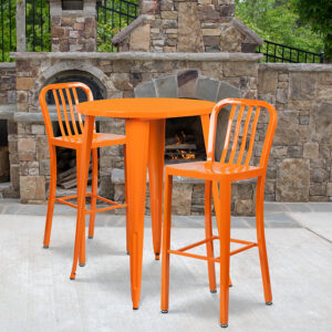 Wholesale 30'' Round Orange Metal Indoor-Outdoor Bar Table Set with 2 Vertical Slat Back Stools