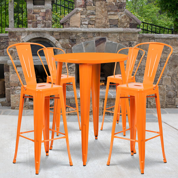 Wholesale 30'' Round Orange Metal Indoor-Outdoor Bar Table Set with 4 Cafe Stools