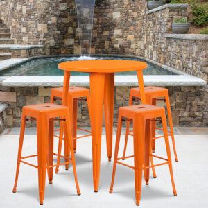 Wholesale 30'' Round Orange Metal Indoor-Outdoor Bar Table Set with 4 Square Seat Backless Stools