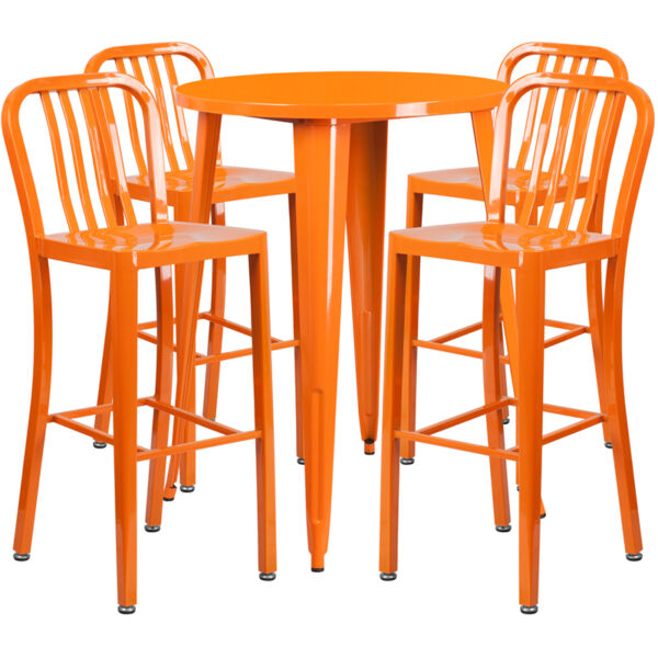 Lowest Price 30'' Round Orange Metal Indoor-Outdoor Bar Table Set with 4 Vertical Slat Back Stools