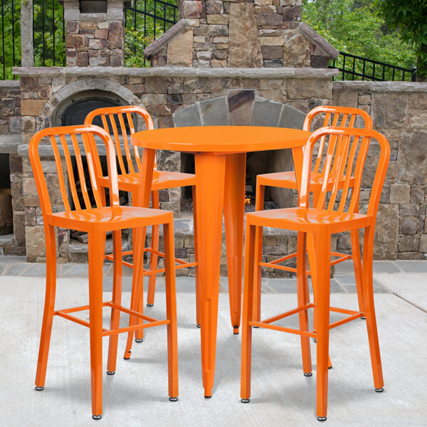 Wholesale 30'' Round Orange Metal Indoor-Outdoor Bar Table Set with 4 Vertical Slat Back Stools