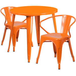 Wholesale 30'' Round Orange Metal Indoor-Outdoor Table Set with 2 Arm Chairs
