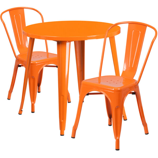 Wholesale 30'' Round Orange Metal Indoor-Outdoor Table Set with 2 Cafe Chairs
