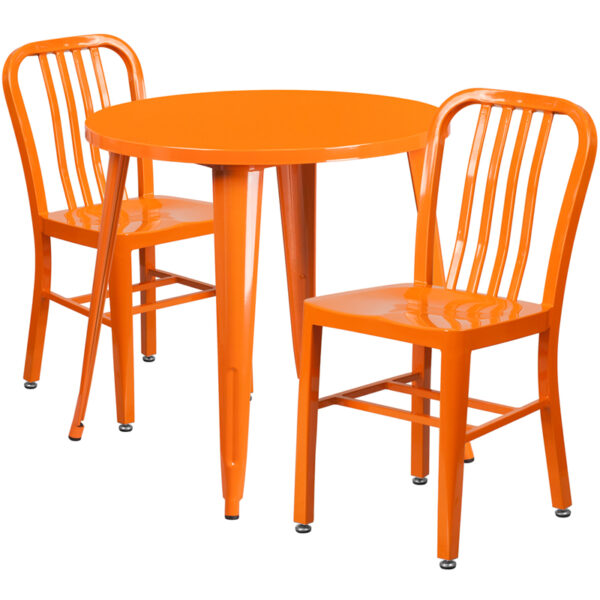 Wholesale 30'' Round Orange Metal Indoor-Outdoor Table Set with 2 Vertical Slat Back Chairs