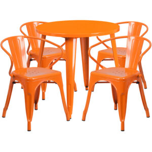 Wholesale 30'' Round Orange Metal Indoor-Outdoor Table Set with 4 Arm Chairs