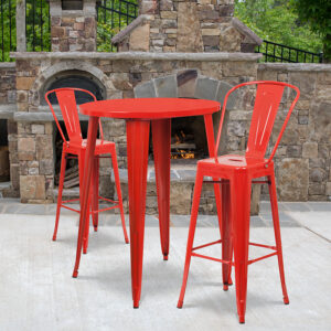 Wholesale 30'' Round Red Metal Indoor-Outdoor Bar Table Set with 2 Cafe Stools