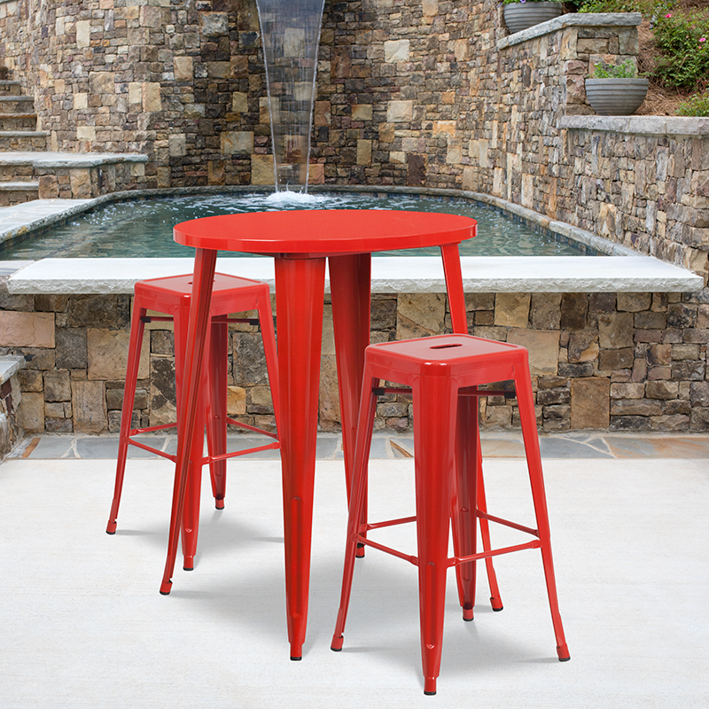 30'' Round Red Metal Indoor-Outdoor Bar Table Set With 2 ...