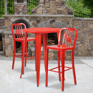 Wholesale 30'' Round Red Metal Indoor-Outdoor Bar Table Set with 2 Vertical Slat Back Stools