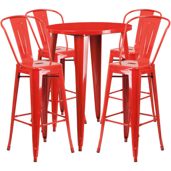 Lowest Price 30'' Round Red Metal Indoor-Outdoor Bar Table Set with 4 Cafe Stools