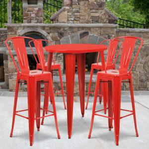 Wholesale 30'' Round Red Metal Indoor-Outdoor Bar Table Set with 4 Cafe Stools