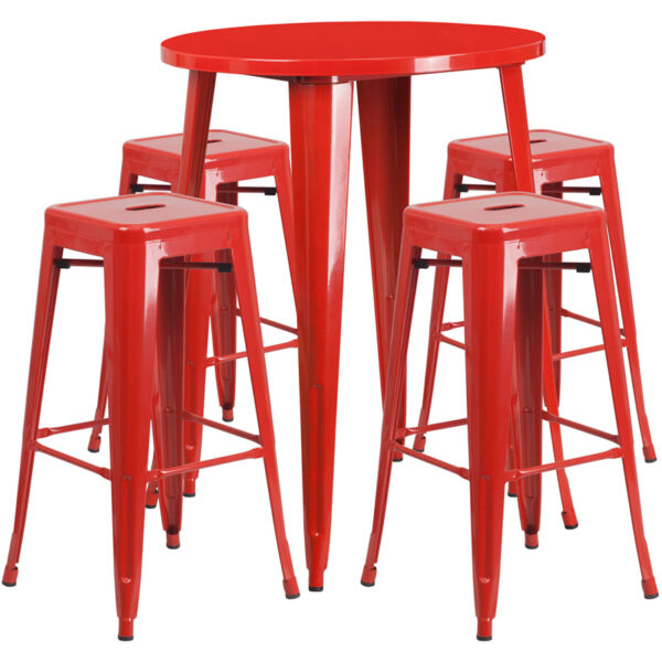 Lowest Price 30'' Round Red Metal Indoor-Outdoor Bar Table Set with 4 Square Seat Backless Stools