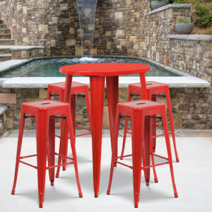 Wholesale 30'' Round Red Metal Indoor-Outdoor Bar Table Set with 4 Square Seat Backless Stools