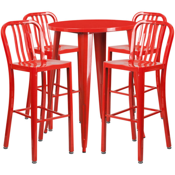 Lowest Price 30'' Round Red Metal Indoor-Outdoor Bar Table Set with 4 Vertical Slat Back Stools