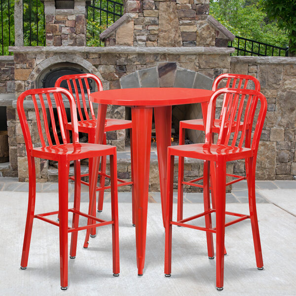 Wholesale 30'' Round Red Metal Indoor-Outdoor Bar Table Set with 4 Vertical Slat Back Stools