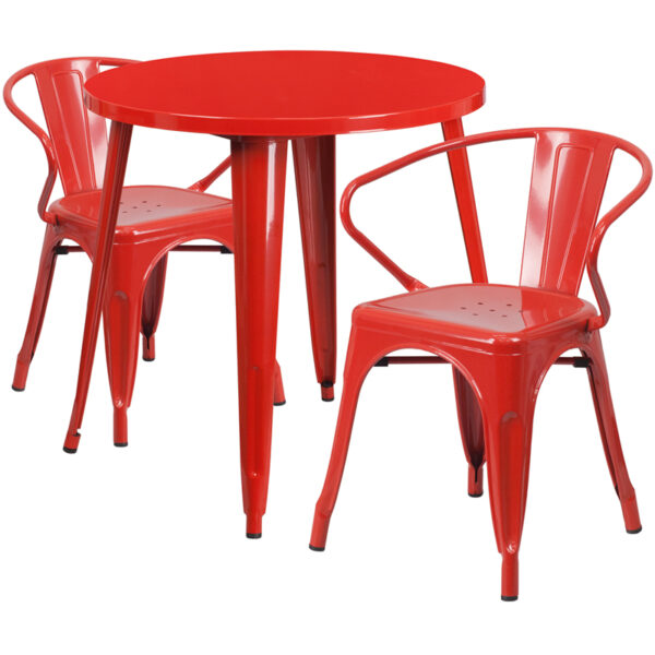 Wholesale 30'' Round Red Metal Indoor-Outdoor Table Set with 2 Arm Chairs