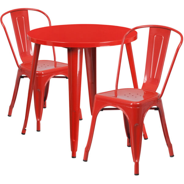 Wholesale 30'' Round Red Metal Indoor-Outdoor Table Set with 2 Cafe Chairs
