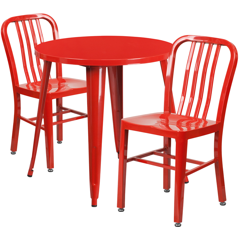 30 Round Red Metal Indoor Outdoor Table Set With 2 Vertical Slat Back Chairs Restaurant Furniture Org