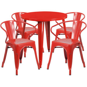 Wholesale 30'' Round Red Metal Indoor-Outdoor Table Set with 4 Arm Chairs