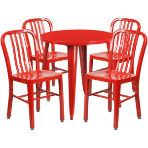 Wholesale 30'' Round Red Metal Indoor-Outdoor Table Set with 4 Vertical Slat Back Chairs