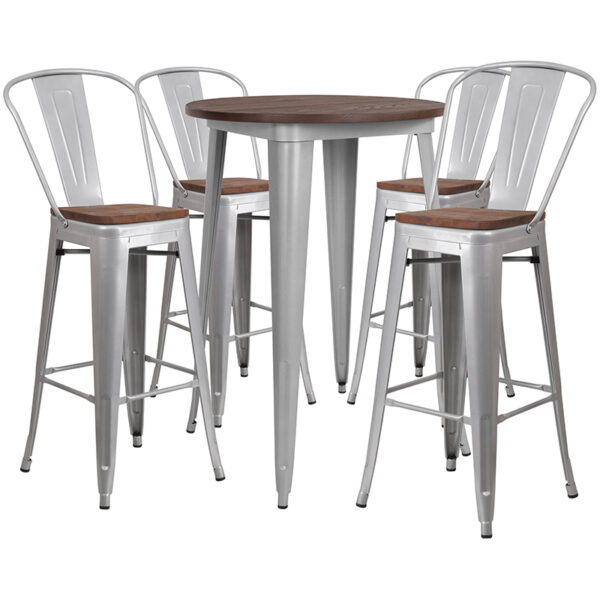Wholesale 30" Round Silver Metal Bar Table Set with Wood Top and 4 Stools