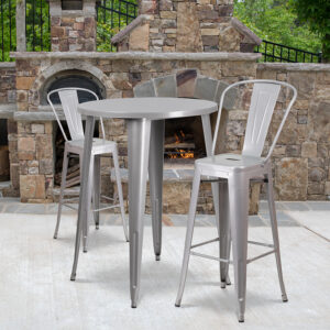Wholesale 30'' Round Silver Metal Indoor-Outdoor Bar Table Set with 2 Cafe Stools