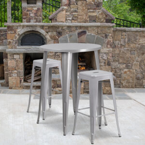 Wholesale 30'' Round Silver Metal Indoor-Outdoor Bar Table Set with 2 Square Seat Backless Stools