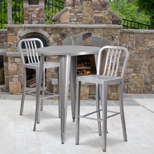 Wholesale 30'' Round Silver Metal Indoor-Outdoor Bar Table Set with 2 Vertical Slat Back Stools