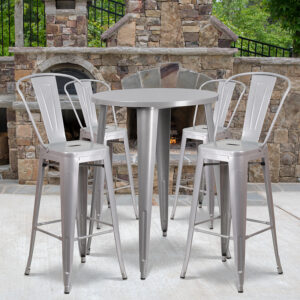 Wholesale 30'' Round Silver Metal Indoor-Outdoor Bar Table Set with 4 Cafe Stools
