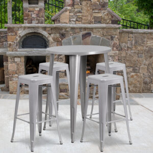 Wholesale 30'' Round Silver Metal Indoor-Outdoor Bar Table Set with 4 Square Seat Backless Stools