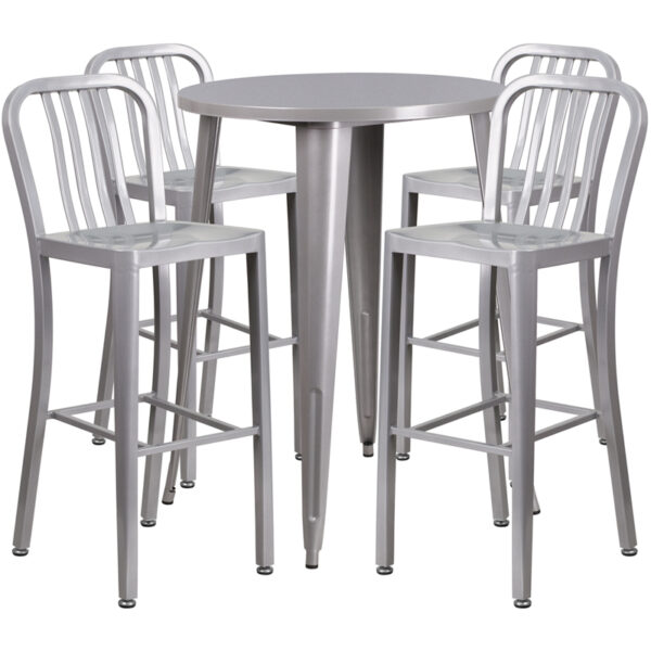 Lowest Price 30'' Round Silver Metal Indoor-Outdoor Bar Table Set with 4 Vertical Slat Back Stools