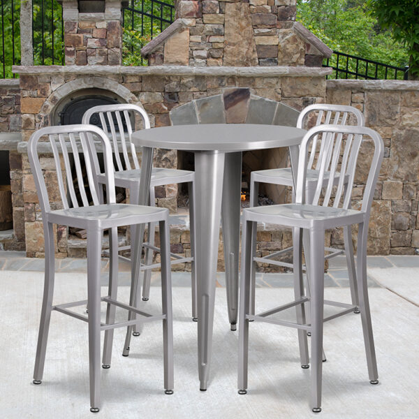 Wholesale 30'' Round Silver Metal Indoor-Outdoor Bar Table Set with 4 Vertical Slat Back Stools