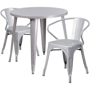 Wholesale 30'' Round Silver Metal Indoor-Outdoor Table Set with 2 Arm Chairs