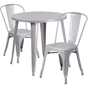 Wholesale 30'' Round Silver Metal Indoor-Outdoor Table Set with 2 Cafe Chairs