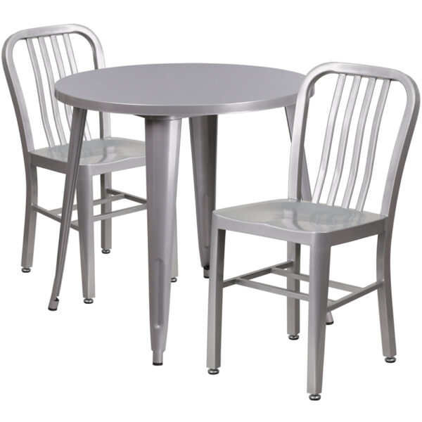 Wholesale 30'' Round Silver Metal Indoor-Outdoor Table Set with 2 Vertical Slat Back Chairs