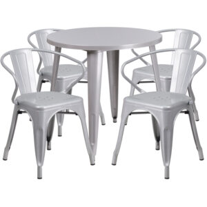 Wholesale 30'' Round Silver Metal Indoor-Outdoor Table Set with 4 Arm Chairs