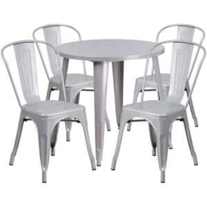 Wholesale 30'' Round Silver Metal Indoor-Outdoor Table Set with 4 Cafe Chairs