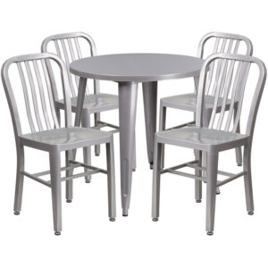 Wholesale 30'' Round Silver Metal Indoor-Outdoor Table Set with 4 Vertical Slat Back Chairs