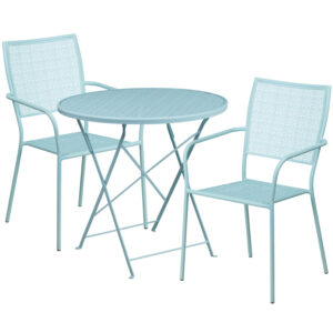 Wholesale 30'' Round Sky Blue Indoor-Outdoor Steel Folding Patio Table Set with 2 Square Back Chairs