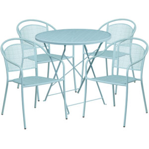 Wholesale 30'' Round Sky Blue Indoor-Outdoor Steel Folding Patio Table Set with 4 Round Back Chairs