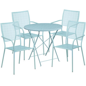 Wholesale 30'' Round Sky Blue Indoor-Outdoor Steel Folding Patio Table Set with 4 Square Back Chairs