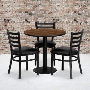 Wholesale 30'' Round Walnut Laminate Table Set with 3 Ladder Back Metal Chairs - Black Vinyl Seat