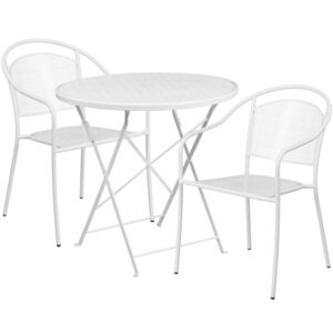 Wholesale 30'' Round White Indoor-Outdoor Steel Folding Patio Table Set with 2 Round Back Chairs