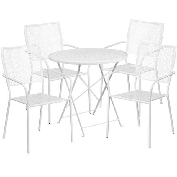 Wholesale 30'' Round White Indoor-Outdoor Steel Folding Patio Table Set with 4 Square Back Chairs